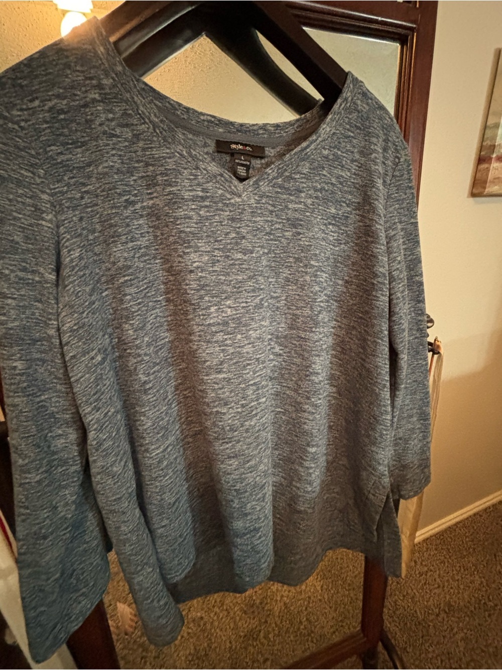 Style&co. Blue Heathered Knit V-Neck Long Sleeve Pullover Very Warm L